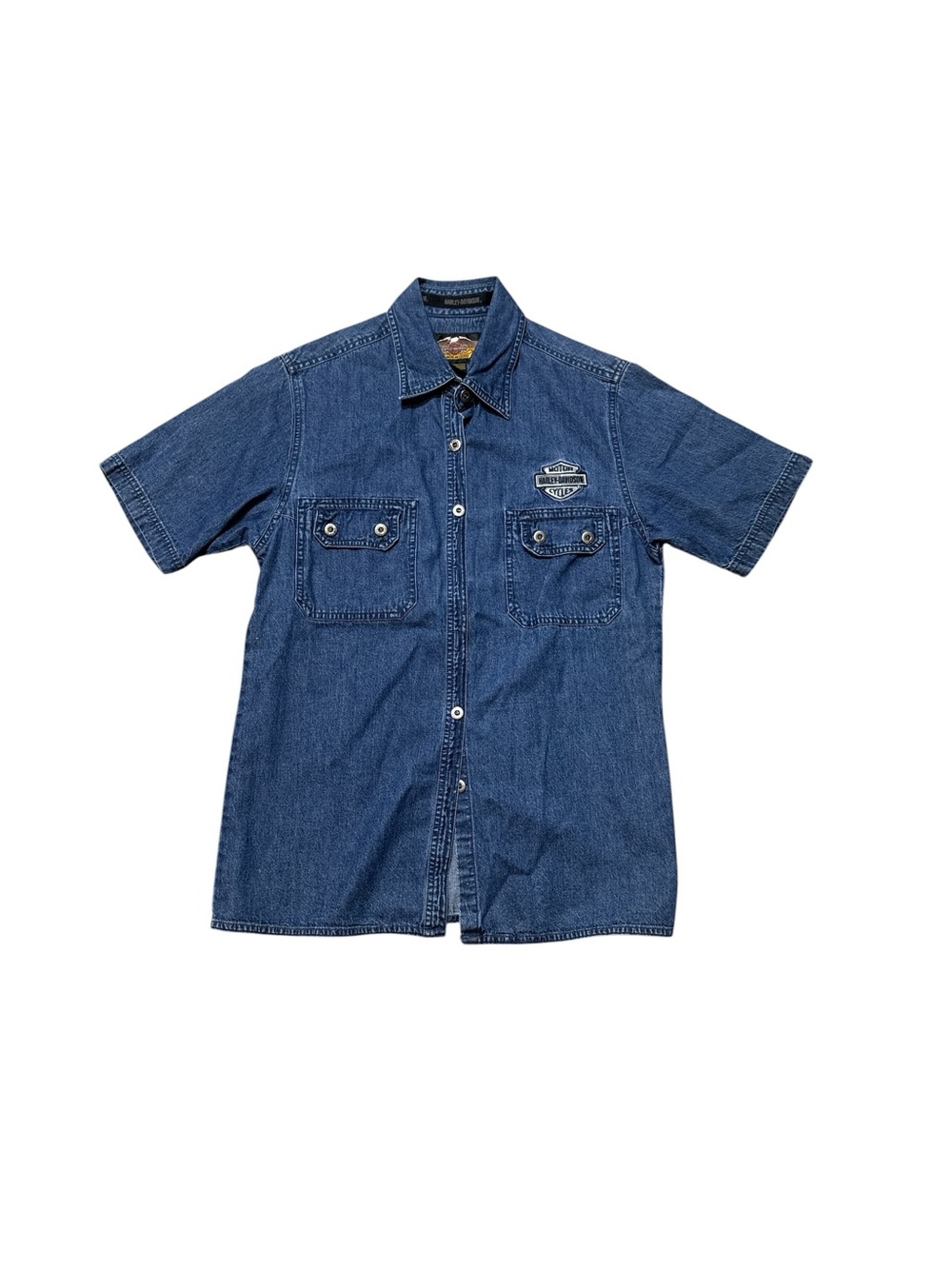Vintage Womens Harley Davidson Denim Logo Patch Short Sleeve Button Down Shirt M